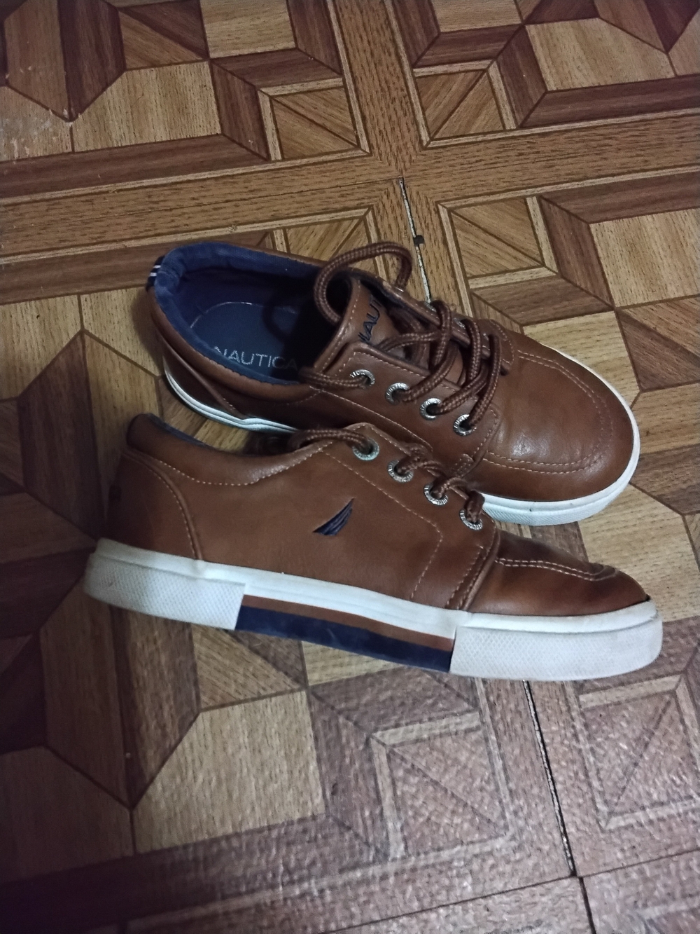 Nautica Boys Tan Brown Leather Boat Sneakers with Navy Accent
